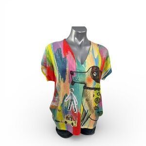 Inoah Colorful Dog Print V-Neck Top perfect for dog lovers! Oversized